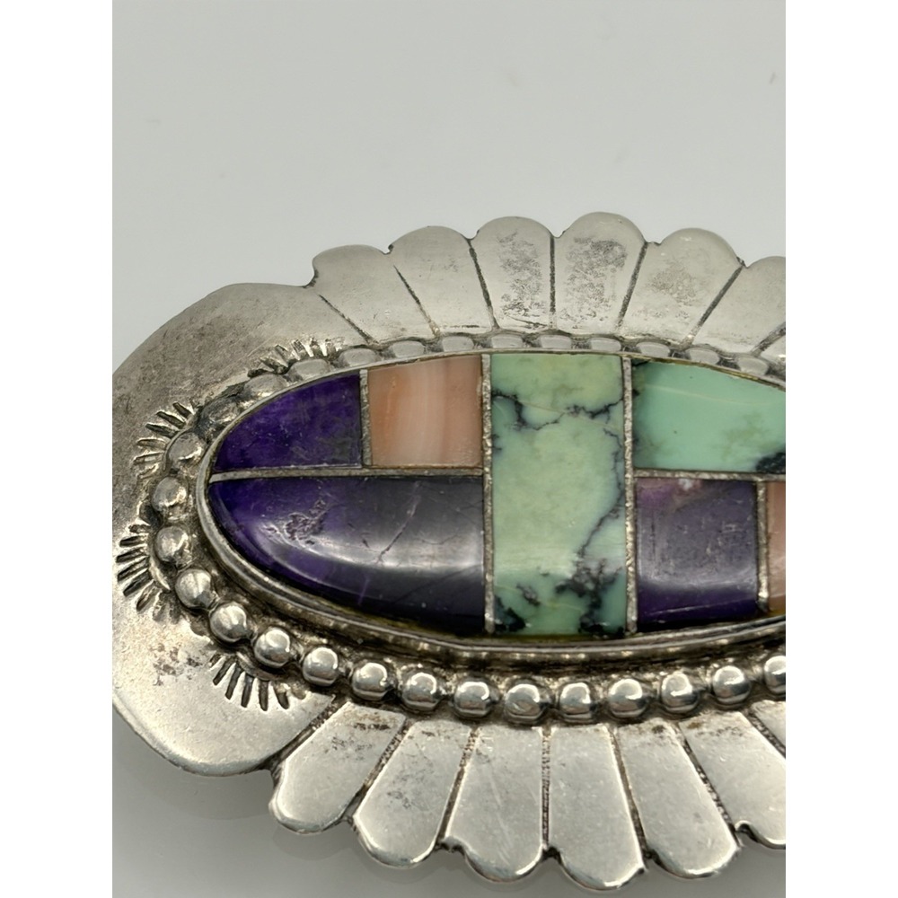 Multi-Stone Inlay Pin Brooch Navajo John Charley Sterling Silver Turquoise Coral - Picture 3 of 6